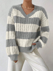 V Neck Striped Colorblock Cable Knit Sweater