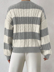 V Neck Striped Colorblock Cable Knit Sweater