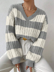 V Neck Striped Colorblock Cable Knit Sweater