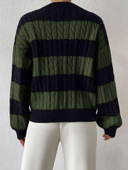 V Neck Striped Colorblock Cable Knit Sweater