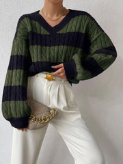 V Neck Striped Colorblock Cable Knit Sweater