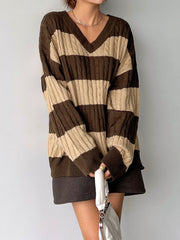 V Neck Striped Colorblock Cable Knit Sweater