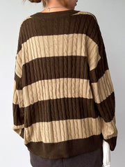V Neck Striped Colorblock Cable Knit Sweater