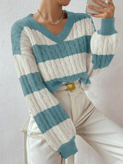 V Neck Striped Colorblock Cable Knit Sweater