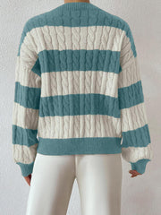 V Neck Striped Colorblock Cable Knit Sweater