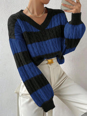 V Neck Striped Colorblock Cable Knit Sweater