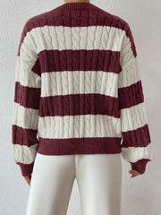 V Neck Striped Colorblock Cable Knit Sweater