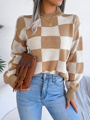 Colorblocked Checkered Long Sleeve Pullover Knit Sweater