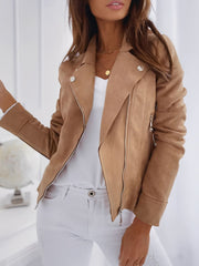 Notched Lapel Zip-Up Long Sleeves Faux Suede Jacket