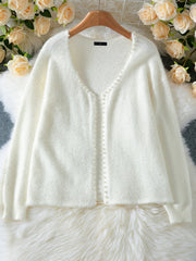 Solid Color Faux Pearl Decor Long Sleeves Cardigan