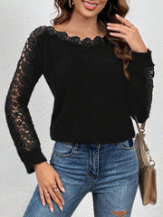 Lace-Panel Sleeves Solid Color Knitted Sweater