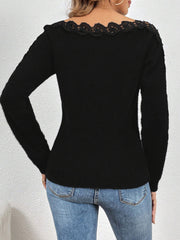 Lace-Panel Sleeves Solid Color Knitted Sweater