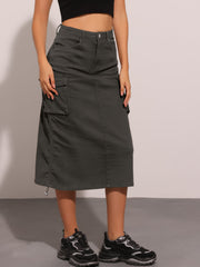 Midi Skirt Flap Pocket Back Slit Drawstring Cargo Skirt