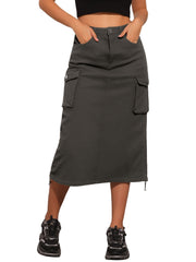 Midi Skirt Flap Pocket Back Slit Drawstring Cargo Skirt