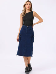 Midi Skirt Flap Pocket Back Slit Drawstring Cargo Skirt