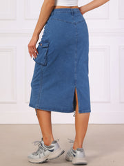 Midi Skirt Flap Pocket Back Slit Drawstring Cargo Skirt
