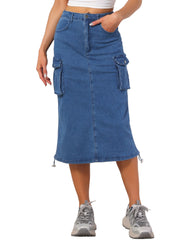 Midi Skirt Flap Pocket Back Slit Drawstring Cargo Skirt