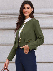 Crew Neck Long Sleeve Button Down Casual Cropped Jacket
