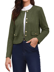 Crew Neck Long Sleeve Button Down Casual Cropped Jacket