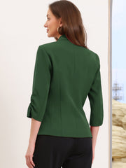 Shawl Lapel Ruched 3/4 Sleeves Pocketed Single Button Office Blazer
