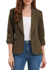 Shawl Lapel Ruched 3/4 Sleeves Pocketed Single Button Office Blazer