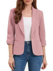 Shawl Lapel Ruched 3/4 Sleeves Pocketed Single Button Office Blazer
