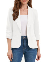 Shawl Lapel Ruched 3/4 Sleeves Pocketed Single Button Office Blazer