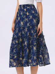 Chiffon Floral Printed Long Tiered Ruffle Boho Midi Skirt