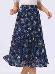 Chiffon Floral Printed Long Tiered Ruffle Boho Midi Skirt