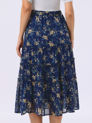 Chiffon Floral Printed Long Tiered Ruffle Boho Midi Skirt