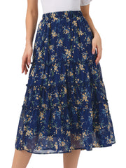 Chiffon Floral Printed Long Tiered Ruffle Boho Midi Skirt