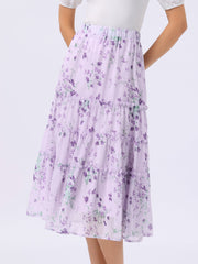 Chiffon Floral Printed Long Tiered Ruffle Boho Midi Skirt