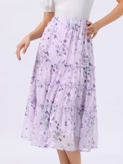 Chiffon Floral Printed Long Tiered Ruffle Boho Midi Skirt