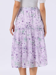 Chiffon Floral Printed Long Tiered Ruffle Boho Midi Skirt