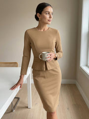 Bodycon Pencil Round Neck Bracelet Sleeve Peplum Office Sheath Dress