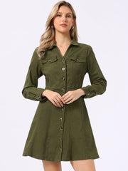 Button Down Collar V Neck Long Sleeve A-line Jean Denim Dress