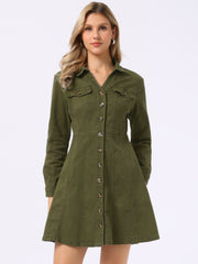Button Down Collar V Neck Long Sleeve A-line Jean Denim Dress