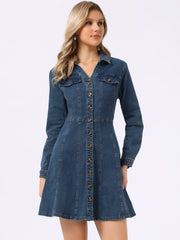 Button Down Collar V Neck Long Sleeve A-line Jean Denim Dress