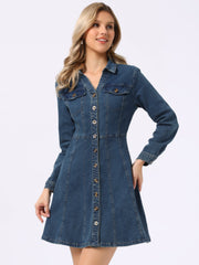 Button Down Collar V Neck Long Sleeve A-line Jean Denim Dress