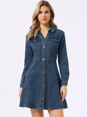 Button Down Collar V Neck Long Sleeve A-line Jean Denim Dress