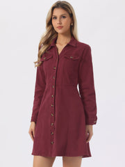 Button Down Collar V Neck Long Sleeve A-line Jean Denim Dress