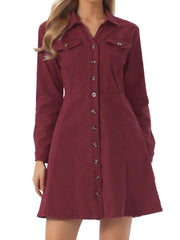 Button Down Collar V Neck Long Sleeve A-line Jean Denim Dress