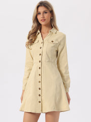 Button Down Collar V Neck Long Sleeve A-line Jean Denim Dress