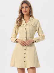 Button Down Collar V Neck Long Sleeve A-line Jean Denim Dress