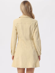 Button Down Collar V Neck Long Sleeve A-line Jean Denim Dress