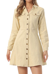 Button Down Collar V Neck Long Sleeve A-line Jean Denim Dress