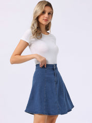High Waisted A-Line Flared Casual Denim Midi Jean Skirt
