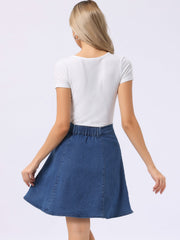 High Waisted A-Line Flared Casual Denim Midi Jean Skirt