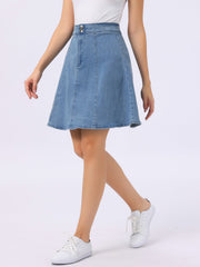 High Waisted A-Line Flared Casual Denim Midi Jean Skirt