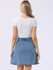 High Waisted A-Line Flared Casual Denim Midi Jean Skirt